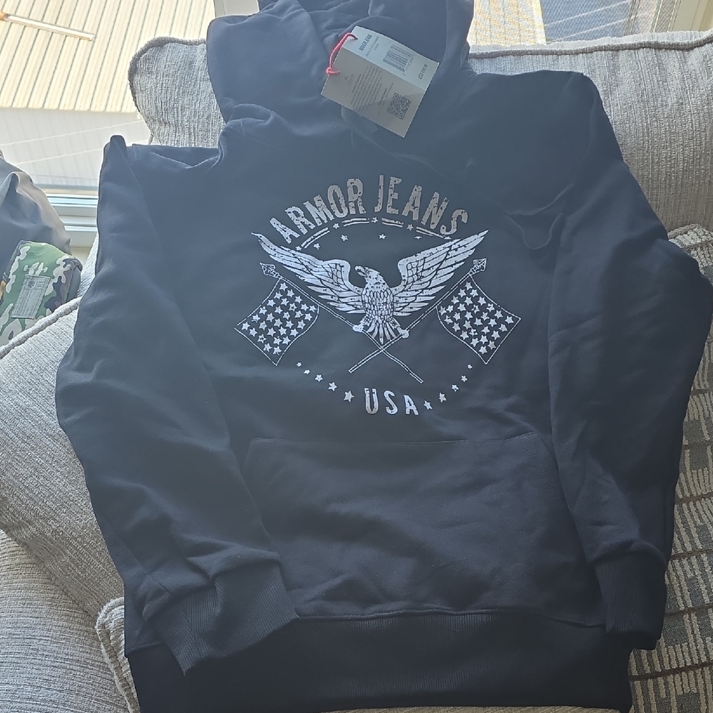 Brand New Armor Jeans USA Eagle Hoodie - Size XL Black with White Graphic